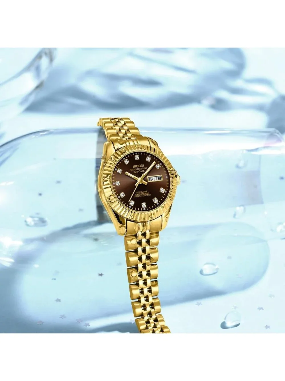 Women's Gold Brown Waterproof Luminous, Dainty Luxury Diamond Dial Ladies Watch